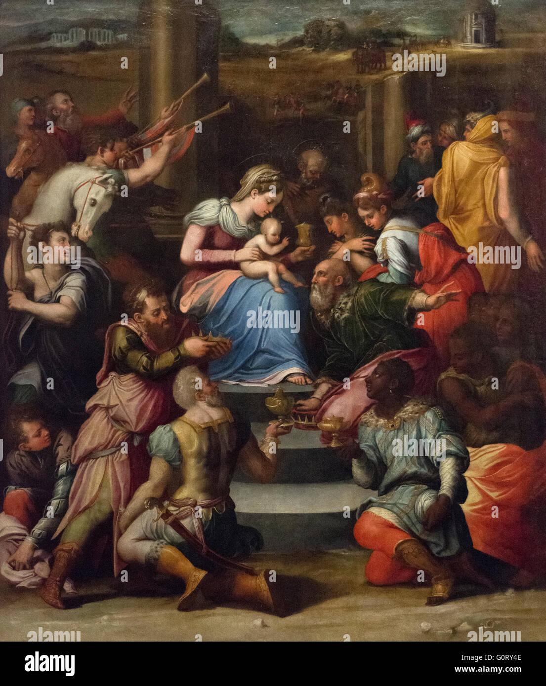 Raffaellino del Colle (ca. 1490-1566) Nativity and the Adoration of the Magi, second third of the 16th century. Stock Photo