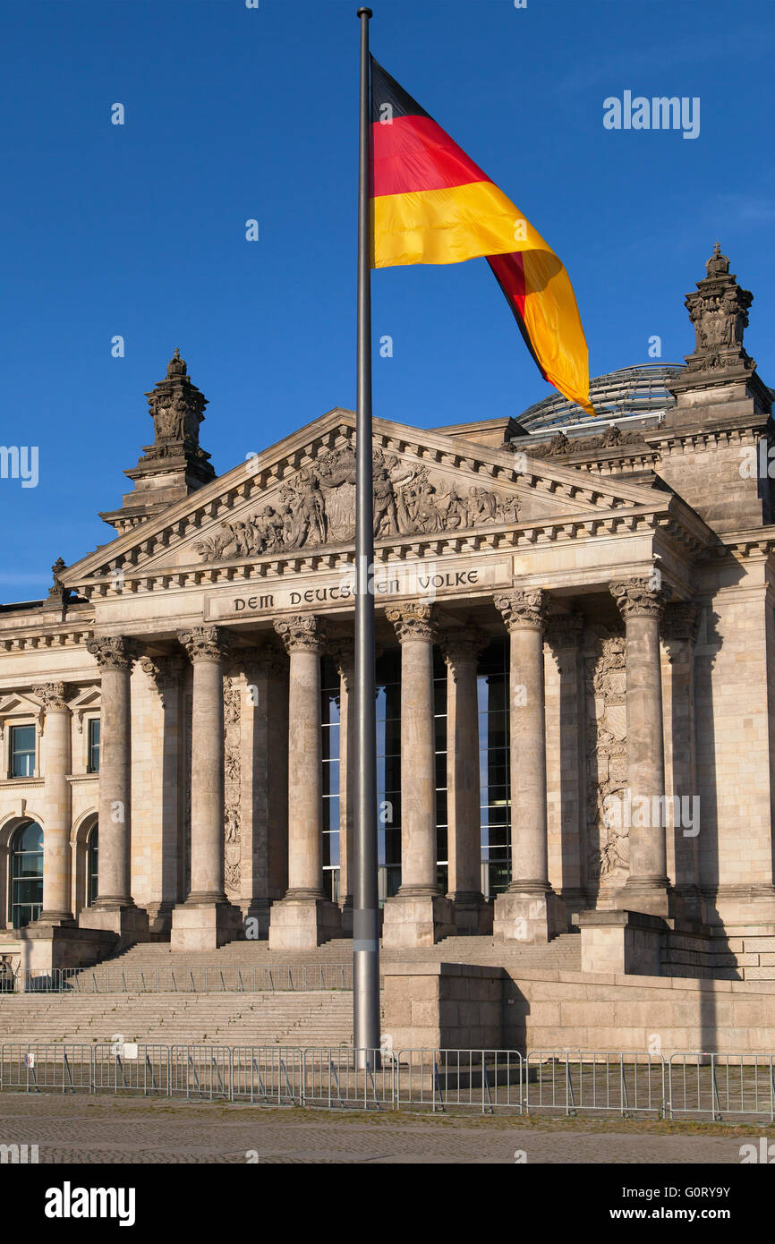 Parliament and German Flag in Berlin, Germany. Stock Photo