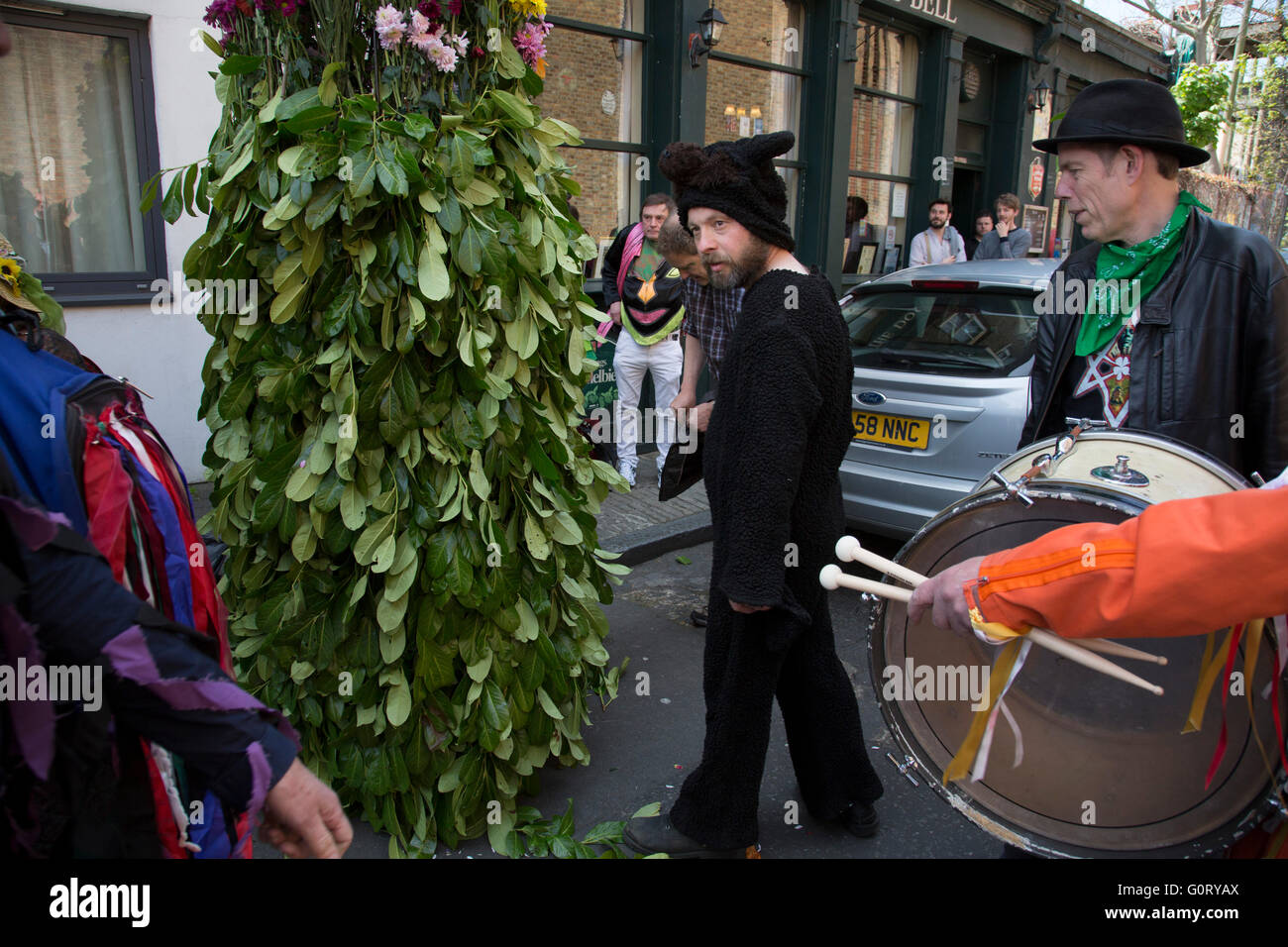 May Day custom of Deptford Jack in the Green, a man encased in a framework entirely covered with greenery, is one of the lesser-known modern revivals by the Blackheath Morris Men of English traditional customs on May 1st 2016 in London, United Kingdom. Preparations out in the street outside the Dog and Bell pub. Fowlers Troop Jack in the Green was revived in the early 1980s. Originally a revival from about 1906, it developed from the 17th Century custom of milkmaids going out on May Day with the utensils of their trade, decorated with garlands of flowers and piled into a pyramid which they car Stock Photo