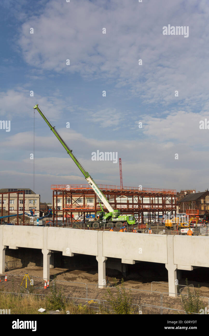 Construction work in progress on the new Bolton bus interchange with a