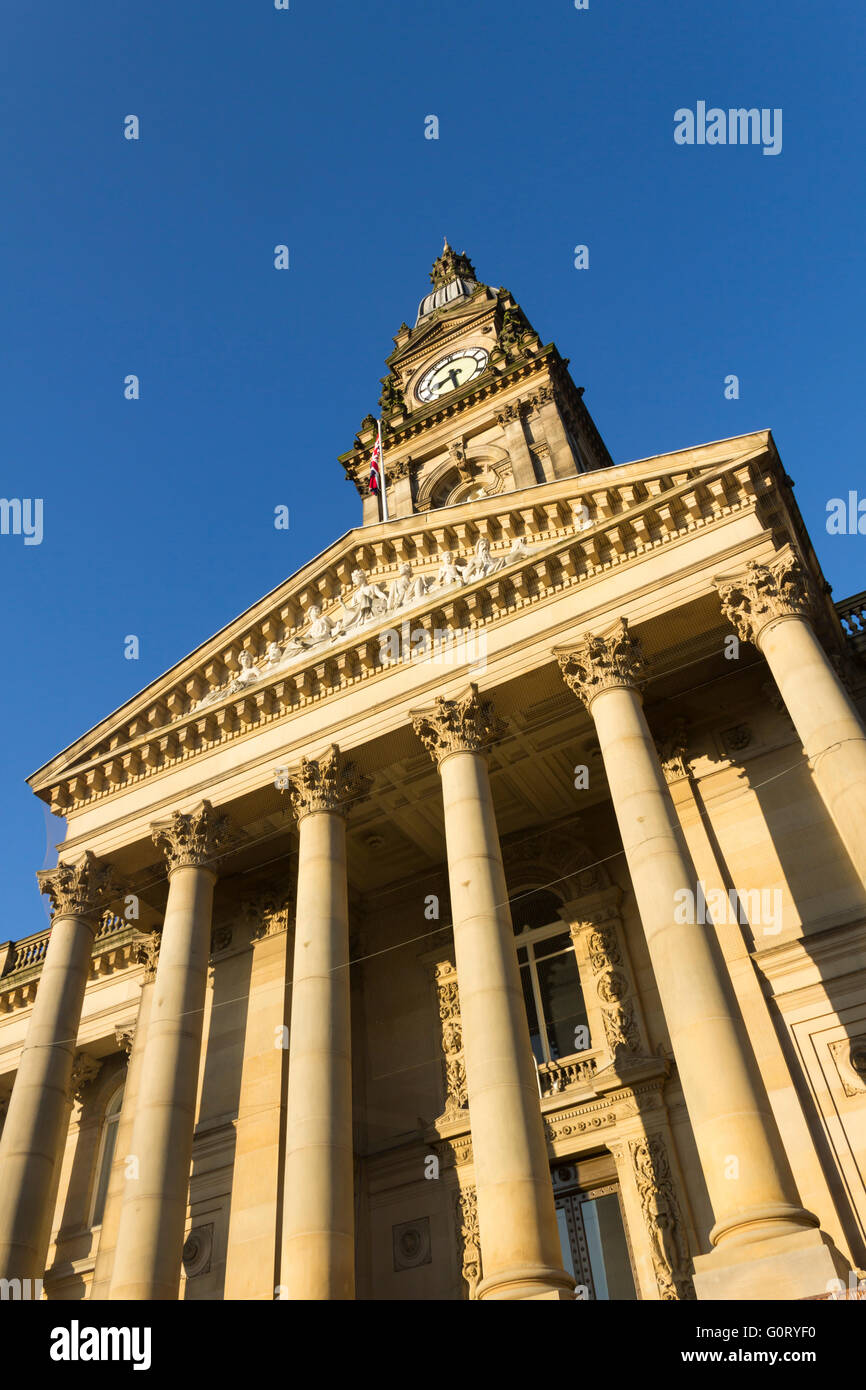 Bolton town hall bathed in autumn morning sunshine. The grade II* listed building is in the neoclassical style. Stock Photo