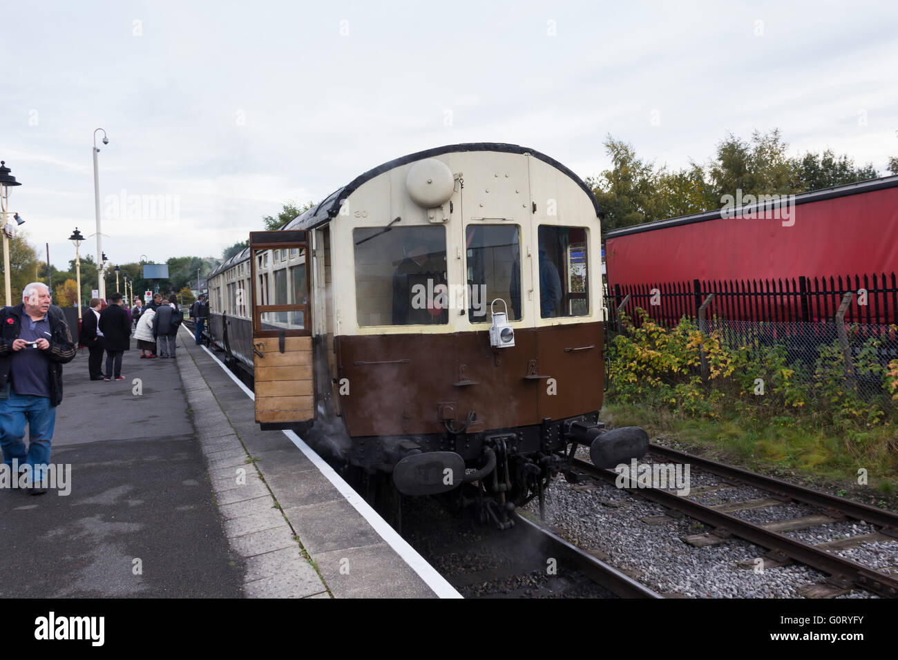 GWR autocoach at Heywood on the East Lancashire Railway pulled by former Great Western Railway pannier tank engine 6430. Stock Photo