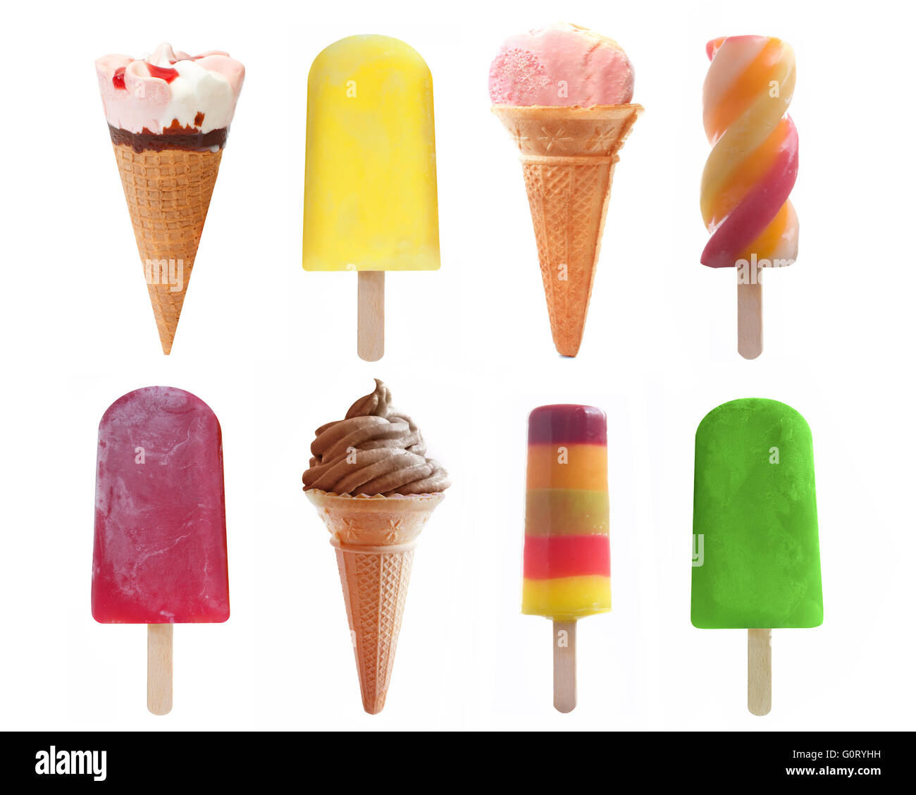 Selection of ice cream, ice lollies and popsicle flavors as a selection over a white background Stock Photo