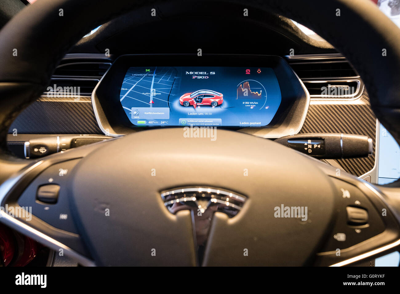 Digital dashboard on Model S car inside Tesla electric car showroom on Kurfurstendamm, Kudamm, in Charlottenburg, Berlin, German Stock Photo