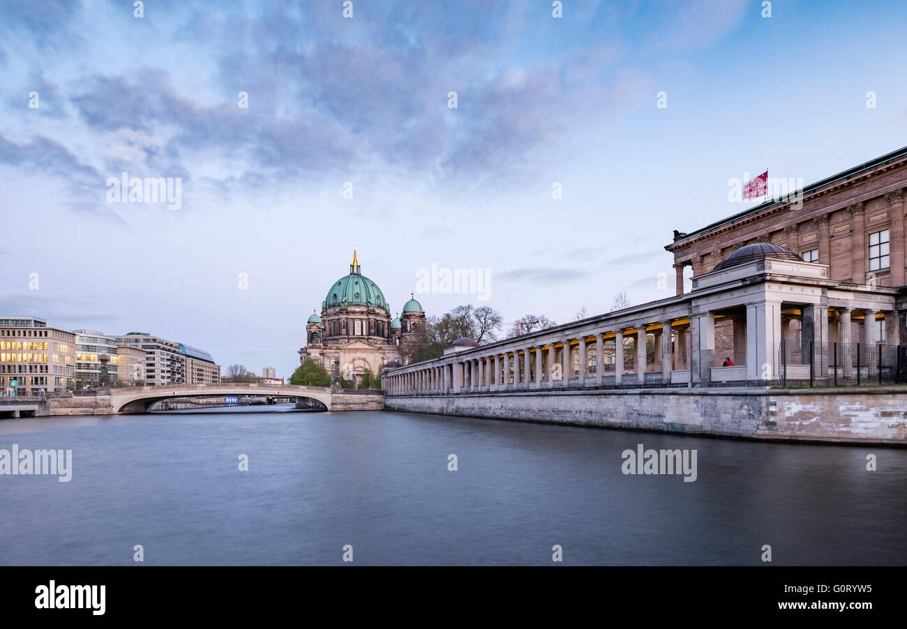 View of Museumsinsel (Museum Island) across Spree river with Berlin Dom or cathedral to rear Mitte Berlin Germany Stock Photo