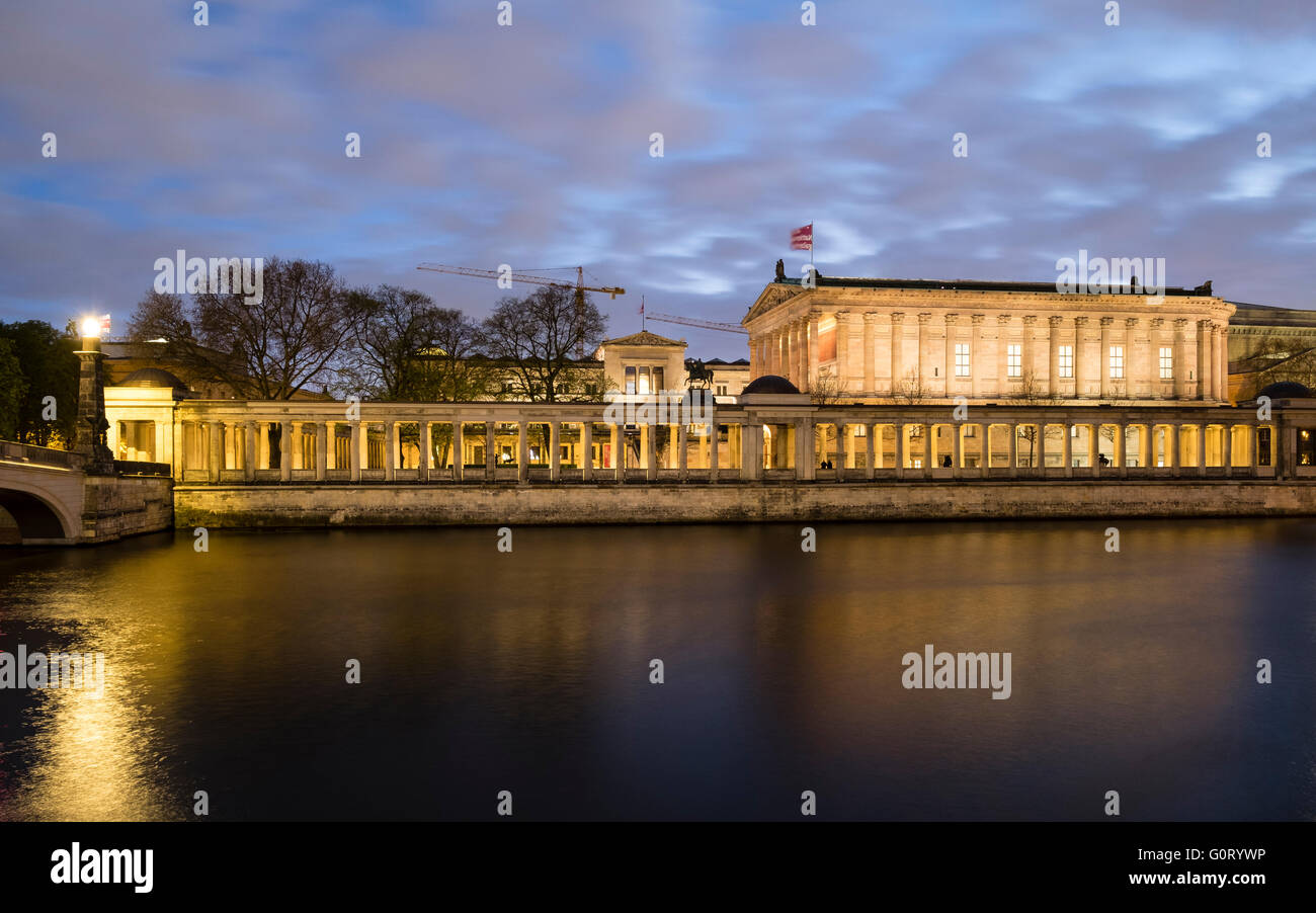 Night view of Alte Nationalgealerie on Museumsinsel (Museum Island) across Spree river Mitte Berlin Germany Stock Photo