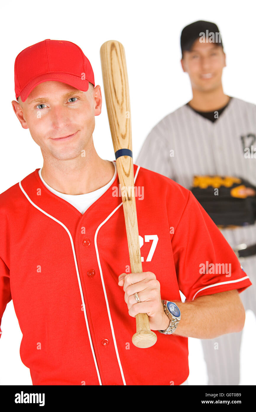 Isolated on white series of two men in baseball uniforms, in various