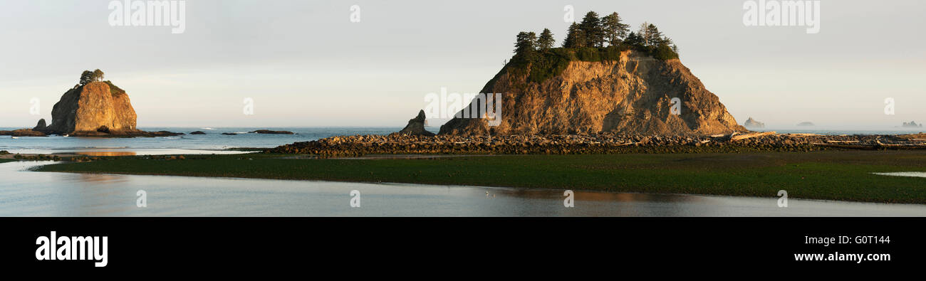 Panoramic of Sea Stacks and mouth of Quileute River, Olympic Peninsula, Quileute Reservation, La Push, Washington Stock Photo