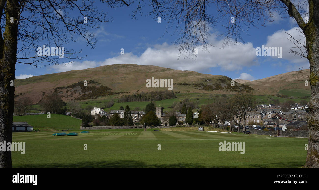 Sedbergh Town view over Sedbergh School Cricket ground with the Howgill Fells in the background. Stock Photo
