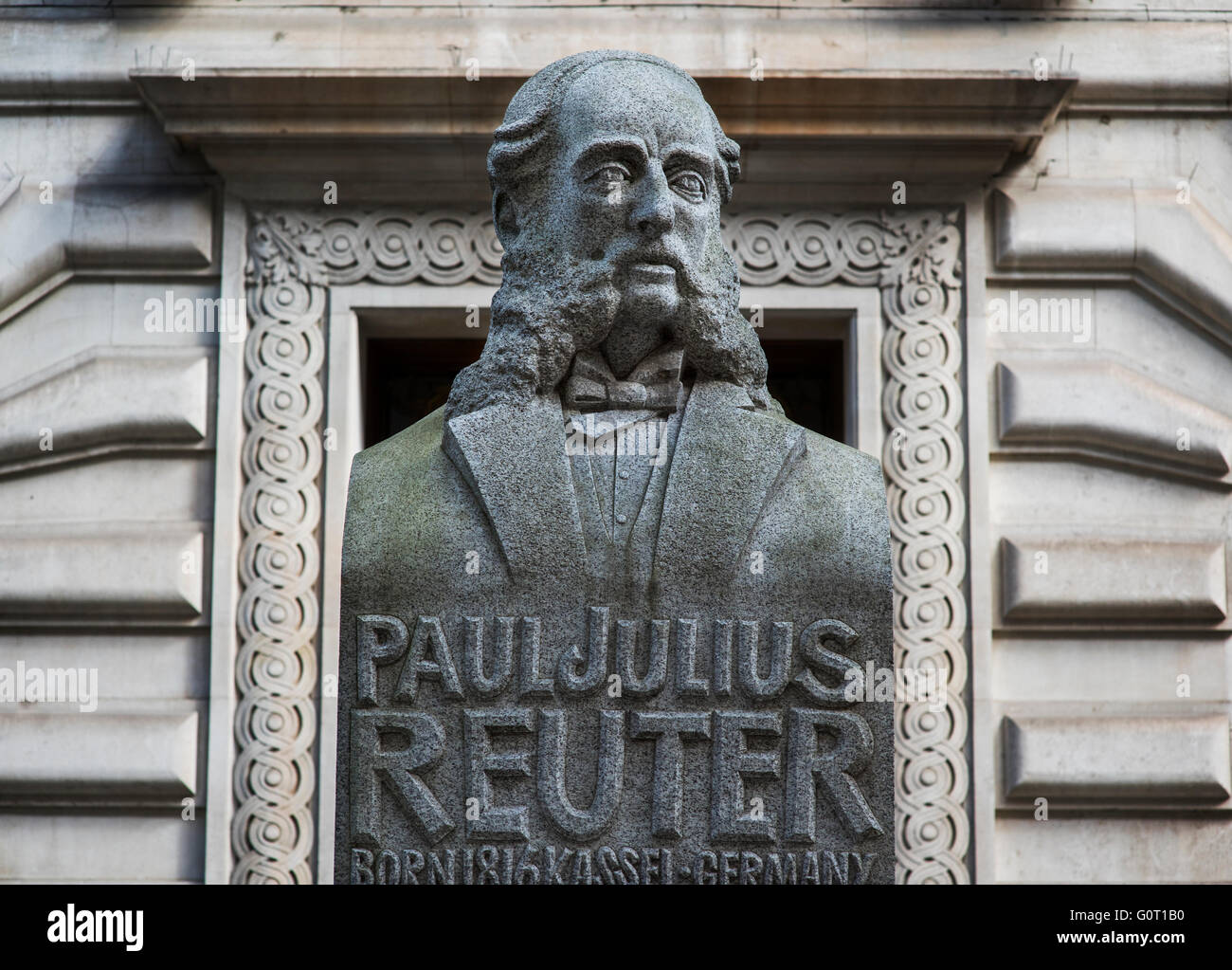 City of London, London, England,UK. 19 April 2016Statue of Paul Julius Reuter, founder of Reuters News Agency in London Exchange.Paul Julius Freiherr von Reuter (Baron de Reuter) (21 July 1816 – 25 February 1899), a German entrepreneur, pioneer of telegraphy and news reporting was a reporter and media owner, and the founder of Reuters News Agency since 2008 part of the Thomson Reuters conglomerate. Stock Photo