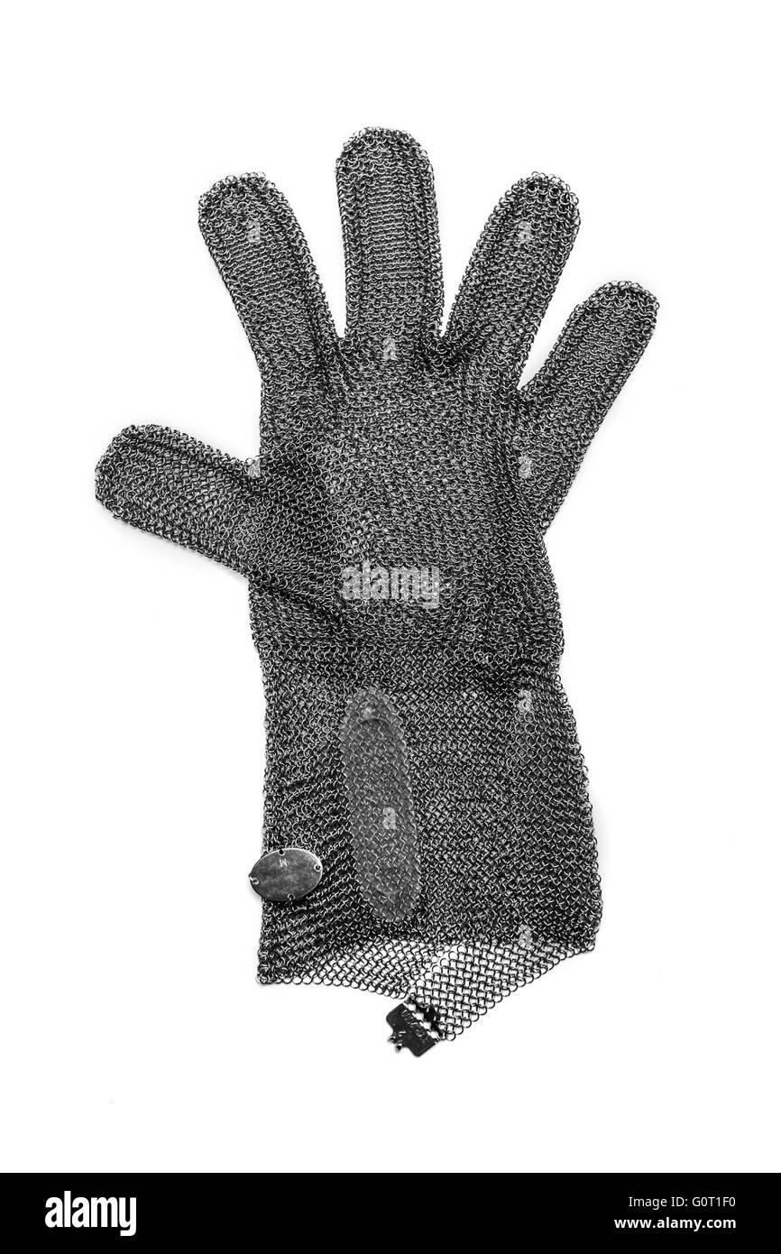 Chain mail mesh butchers' glove on white Stock Photo
