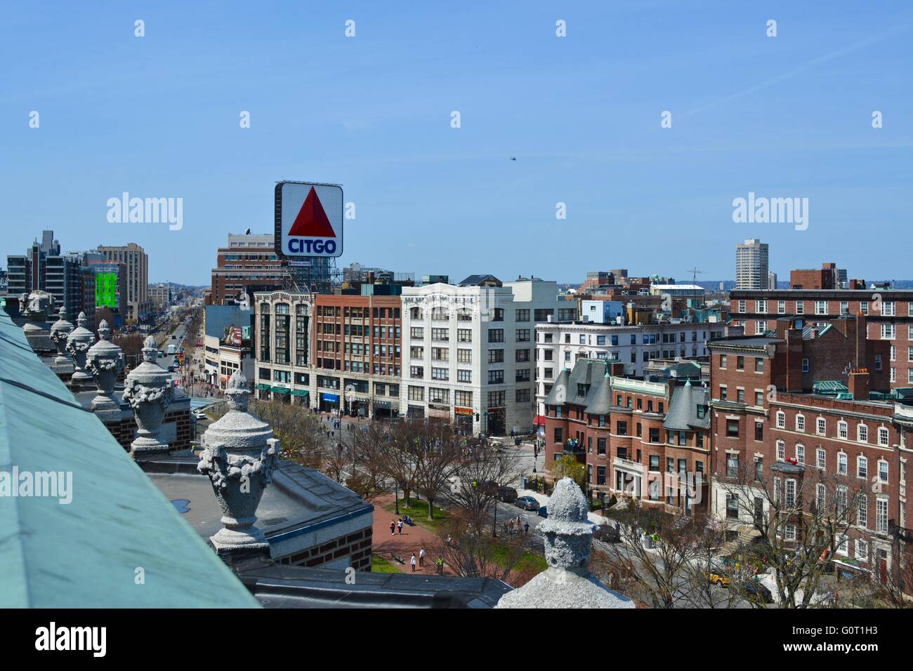 A view above Kenmore Square in Boston's Fenway neighborhood with the famous CITGO sign in the distance. Stock Photo