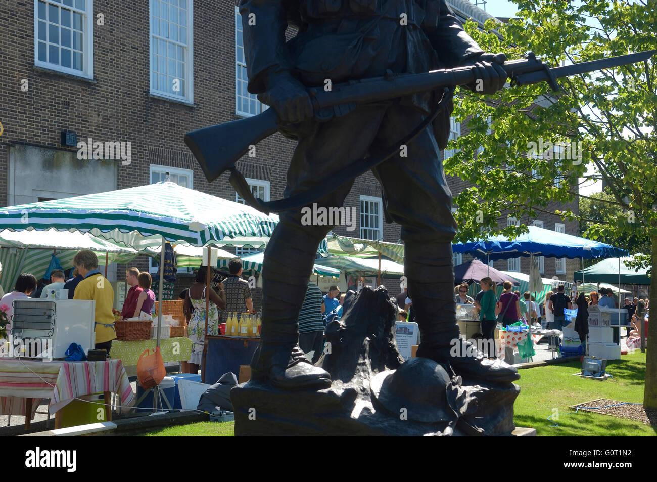 Outdoor market by the War Memorial Statue in Tunbridge Wells. Kent