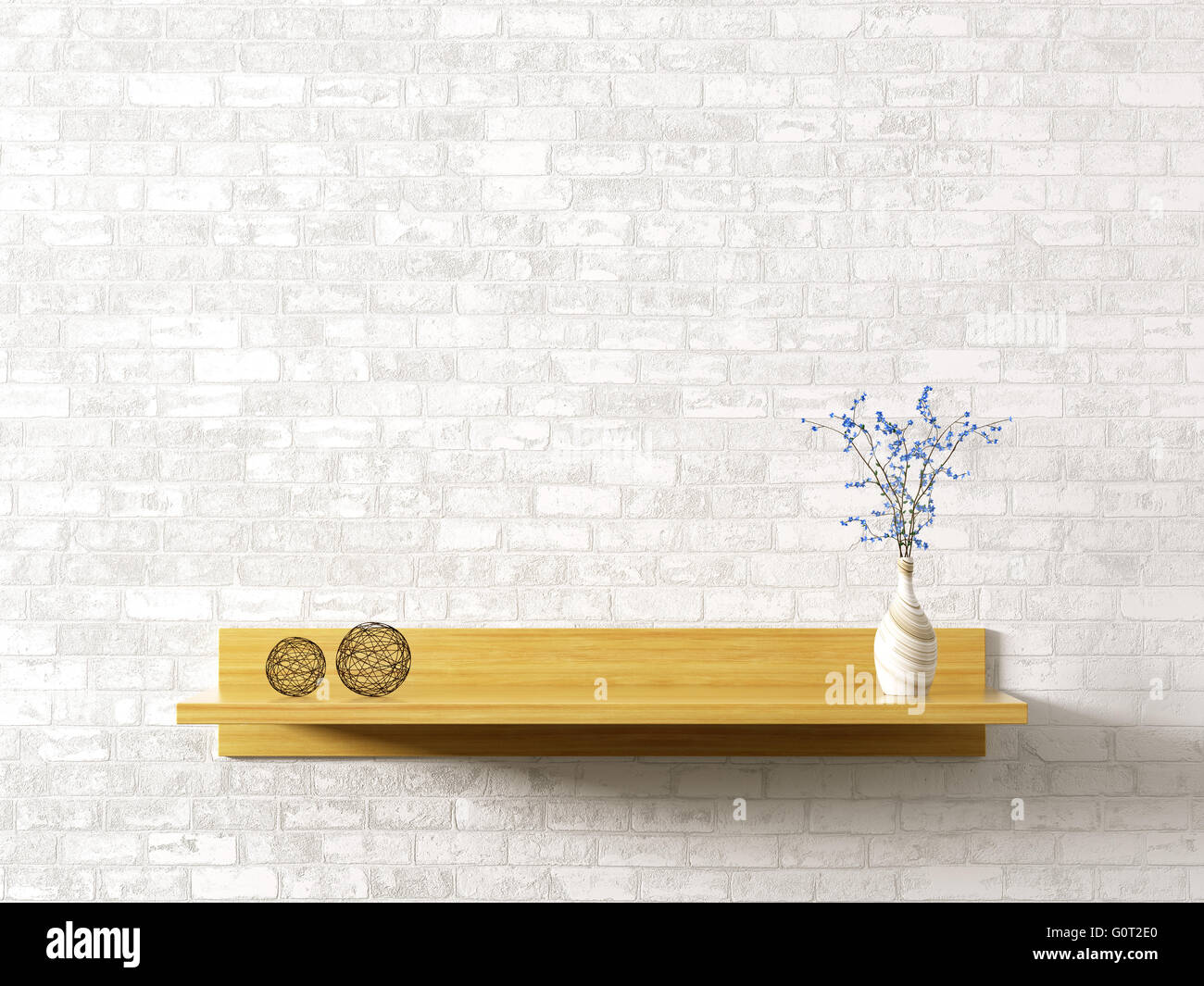 Wooden shelf with flower vase over white brick wall interior decor