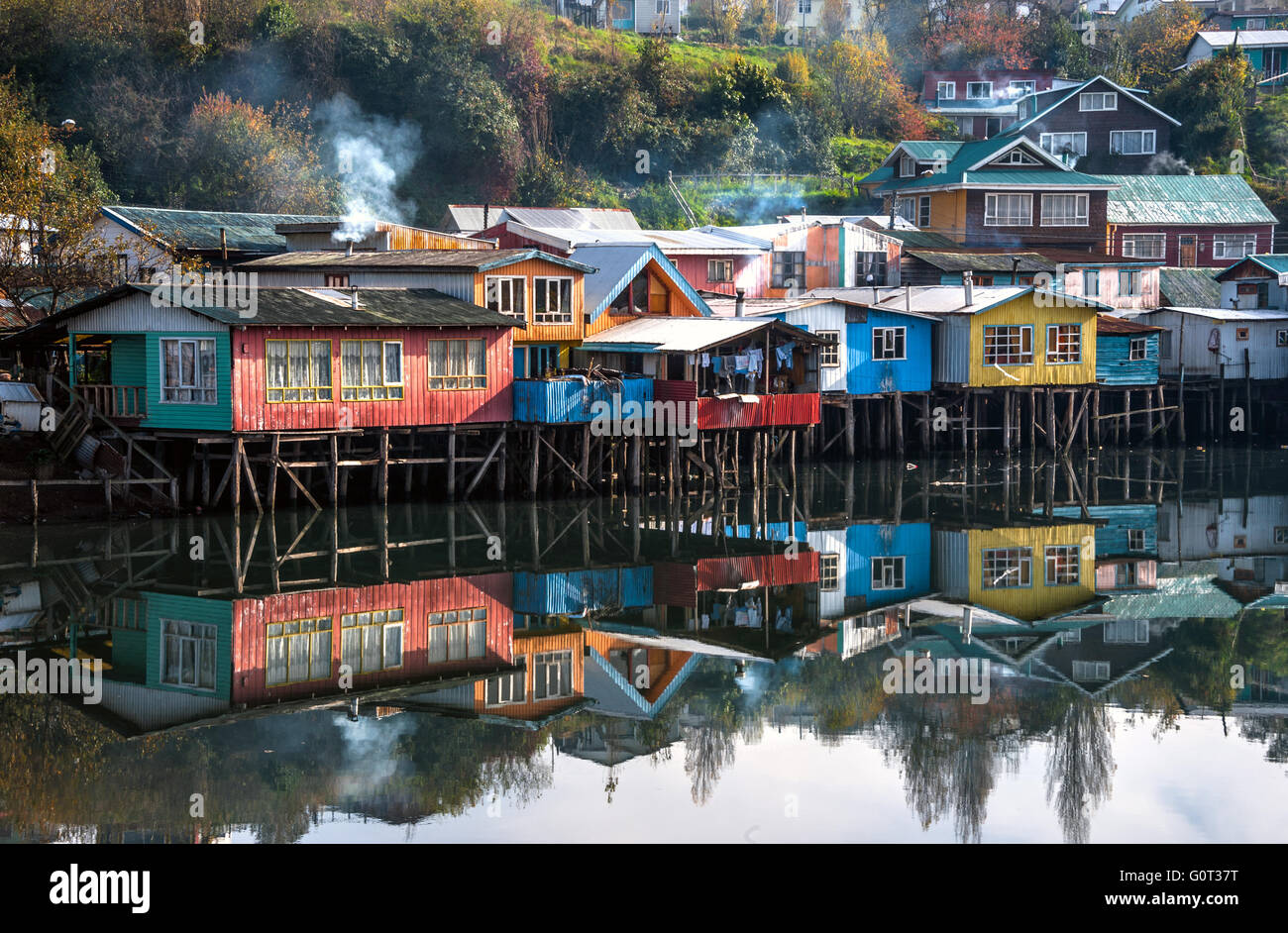 Palafitos Houses, Patagonia, Chiloe, Chile Stock Photo