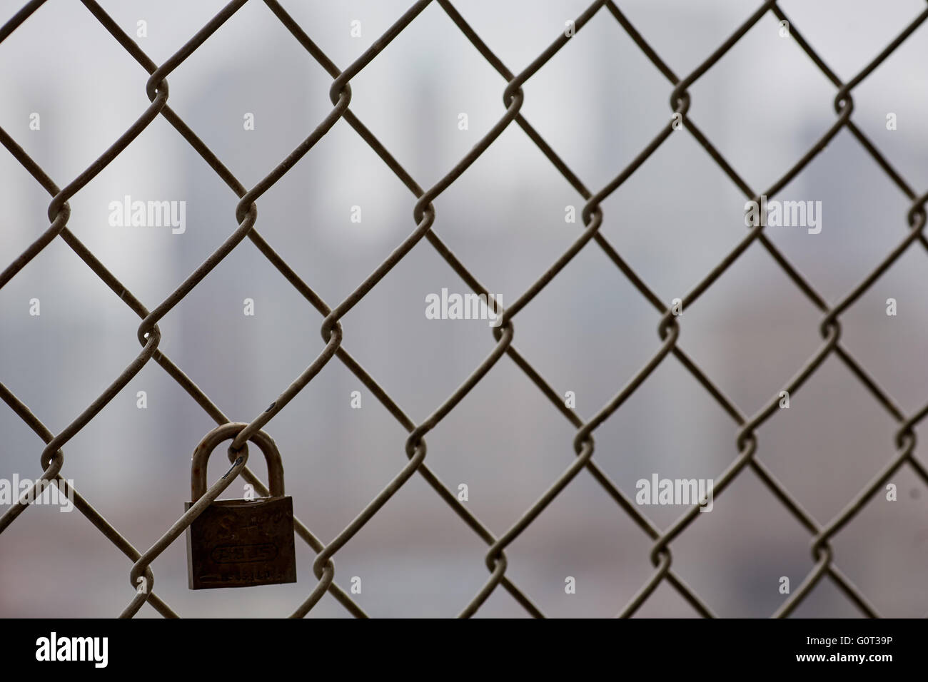 New york View from Manhattan suspension bridge showing a lone padlock