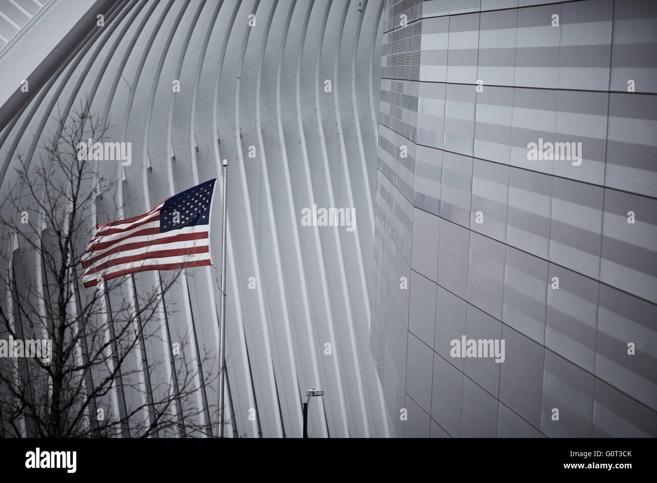 New york   World Trade Center Transportation Hub starts and strip lone single flag close up detail side exterior Stock Photo