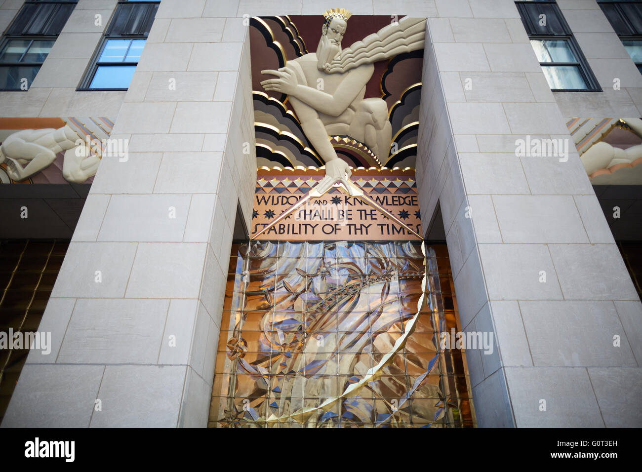 New york   The detail of entrance to 30 Rockefeller Plaza showing verse from Isaiah 33:6 Rockefeller centre center Stock Photo