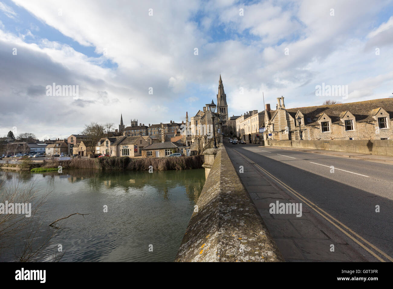 View from St Mary's Bridge of St Mary church and River Welland, Stamford, Lincolnshire, England, Stock Photo