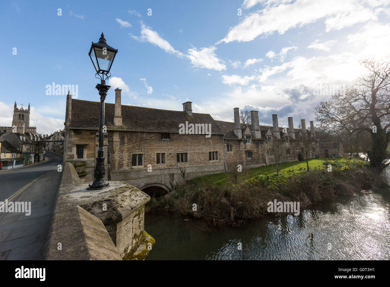 View from St Mary's Bridge of Lord Burghley's Hospital and River Welland, Stamford, Lincolnshire, England, Stock Photo