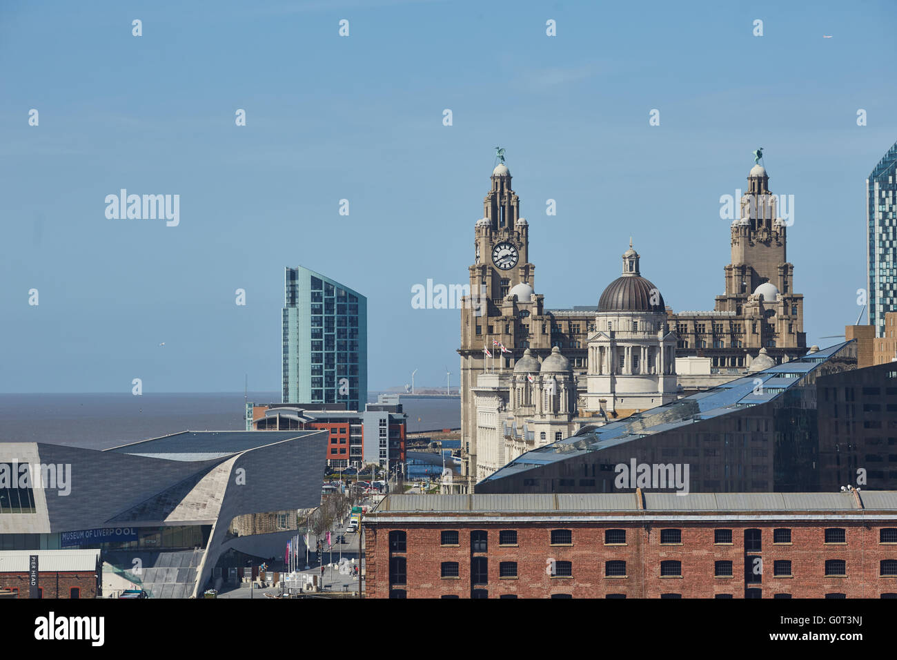 Liverpool albert dock buildings liver building    The Royal Liver Building is a Grade I listed building in Liverpool, England. I Stock Photo