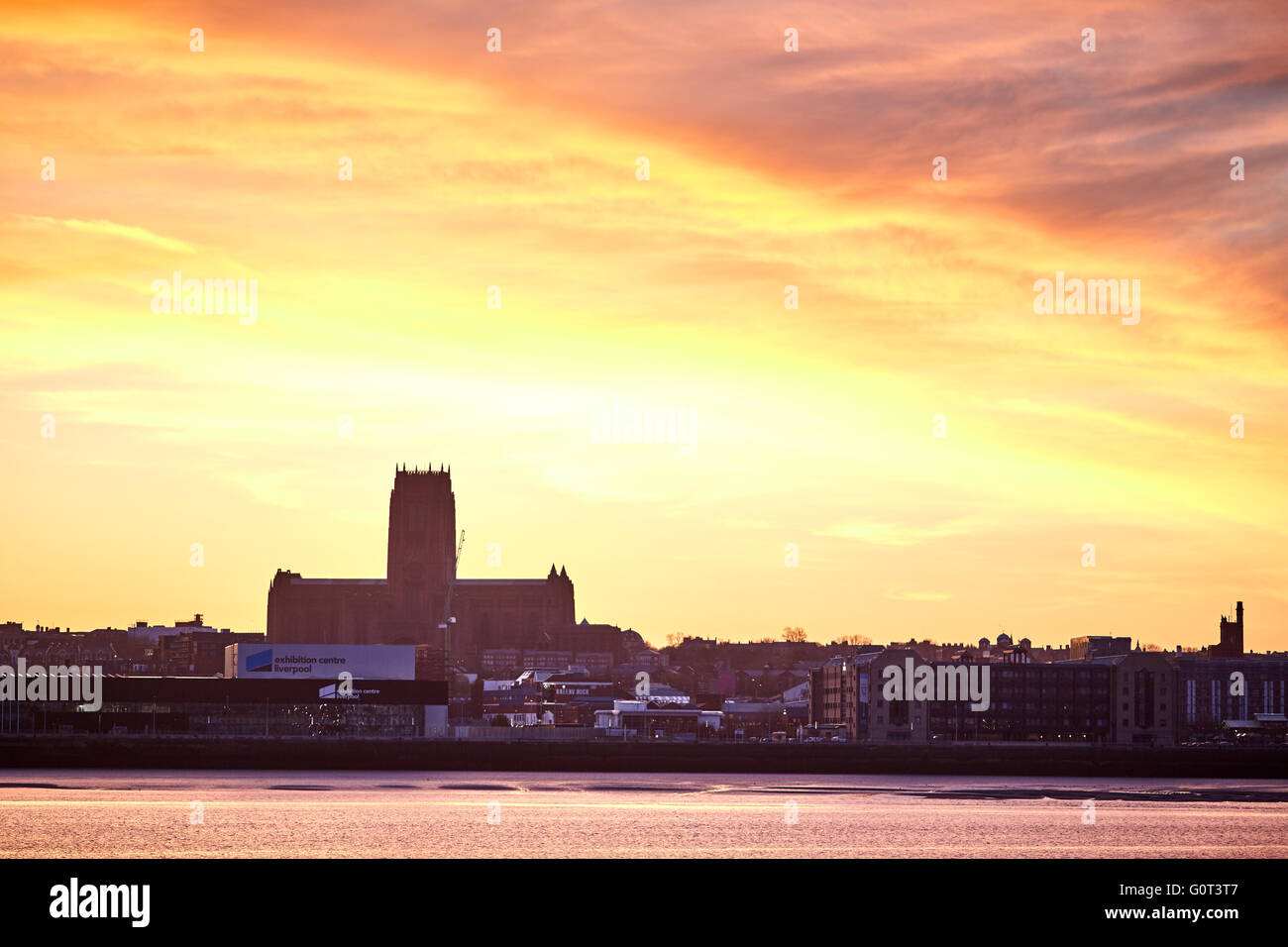 from West Float Merseyside Liverpool docks birkenhead   liverpool skyline Cathedral  Albert docks regeneration river mersey suns Stock Photo