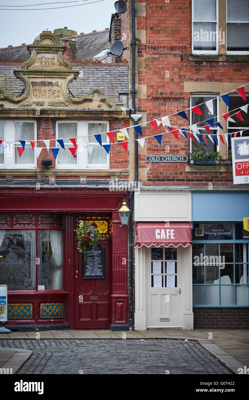 Hexham  market town civil parish Northumberland  Old Church and Meat Market off fore street tudor style and stone buildings shop Stock Photo