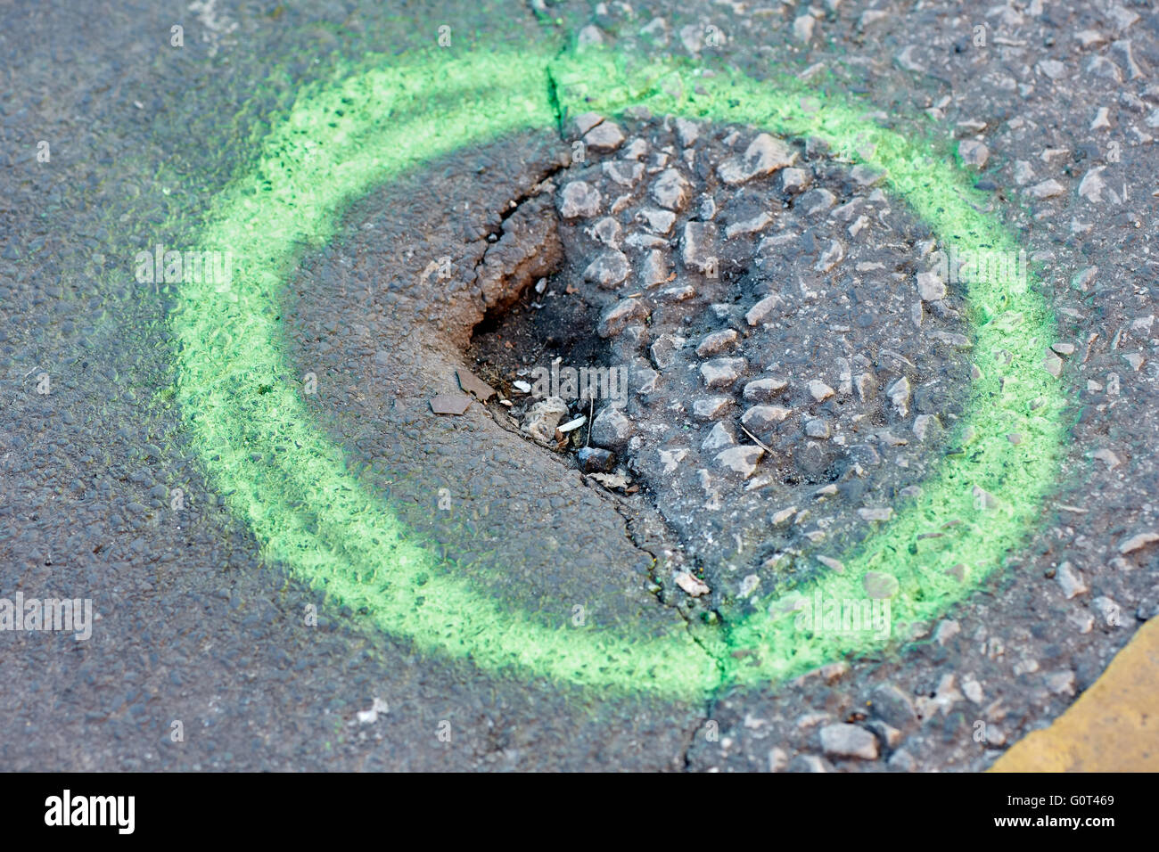 Council spray paint mark hole in roads Stock Photo Alamy