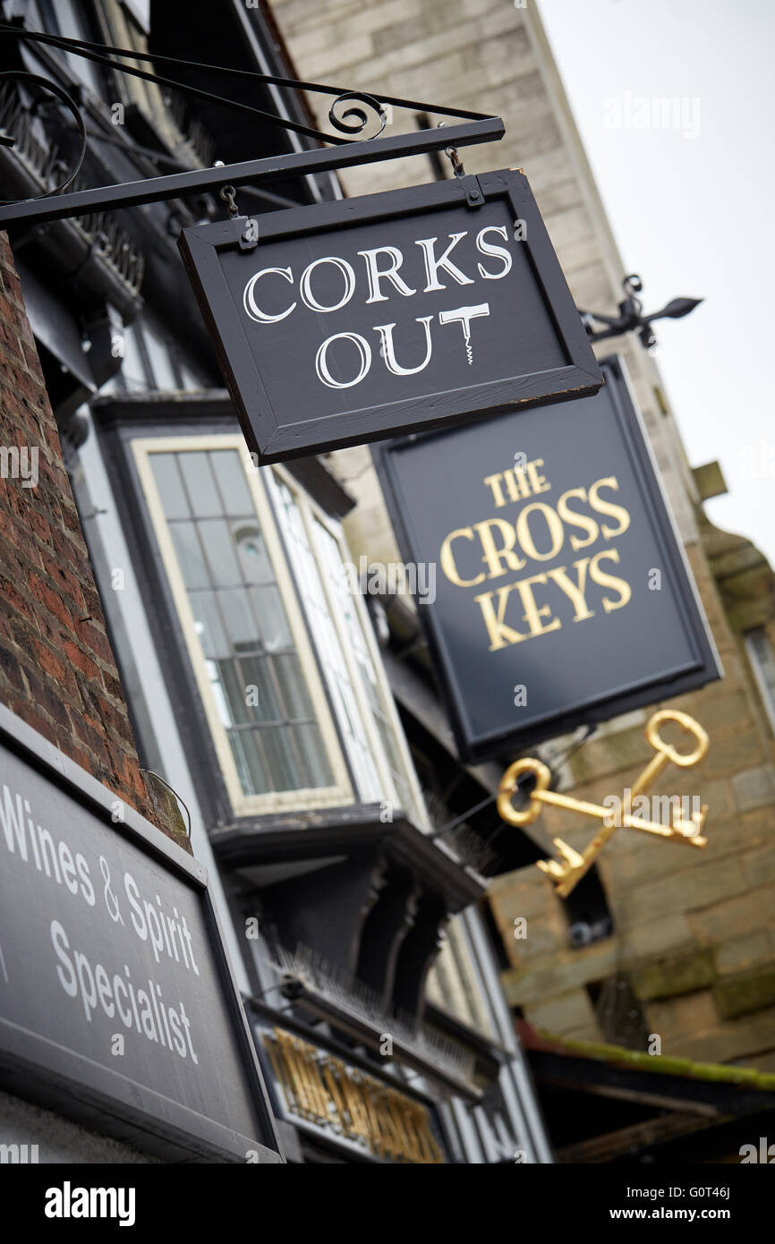 Knutsford historic town cheshire    Corks out the cross keys pub signs restaurant king street close up eating dining foods Resta Stock Photo