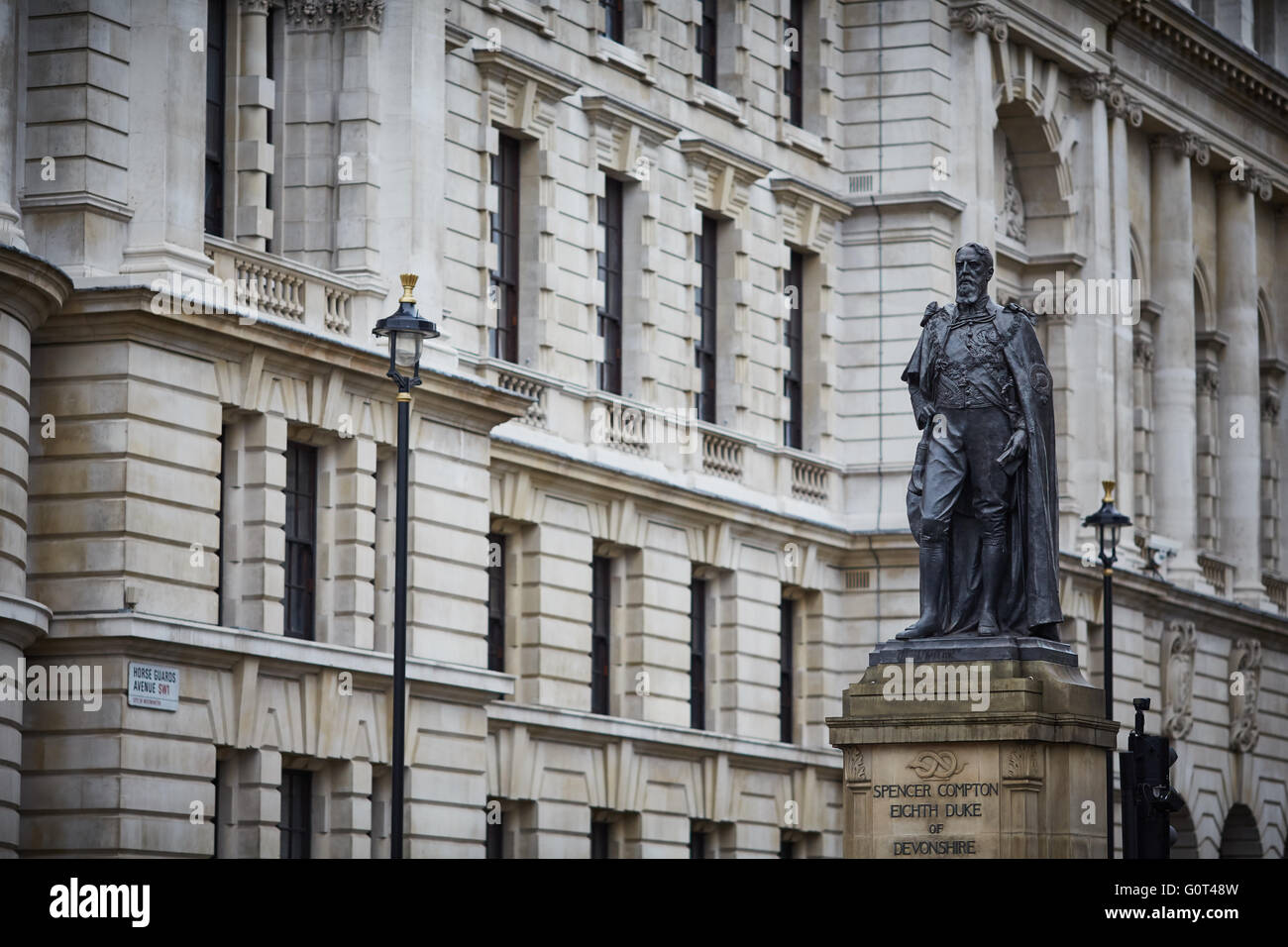 The statue of the Duke of Devonshire, Whitehall is a Grade II Listed outdoor bronze sculpture of the leader of three British pol Stock Photo