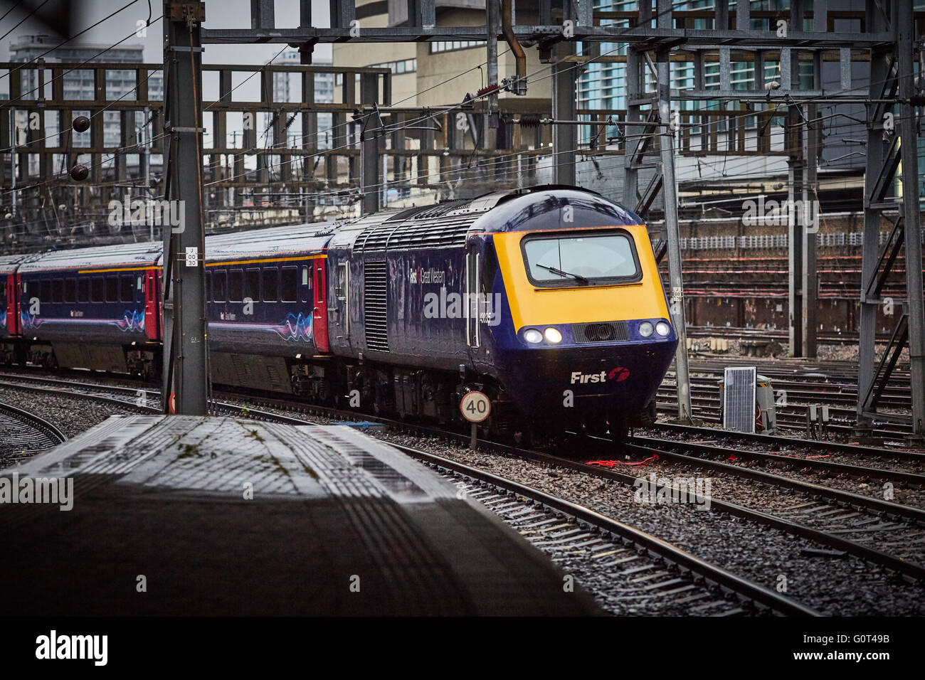 First Great Wester inter city 125 HSt high Speeed Train purple livery  Great Western Railway (GWR) is a British train operating Stock Photo