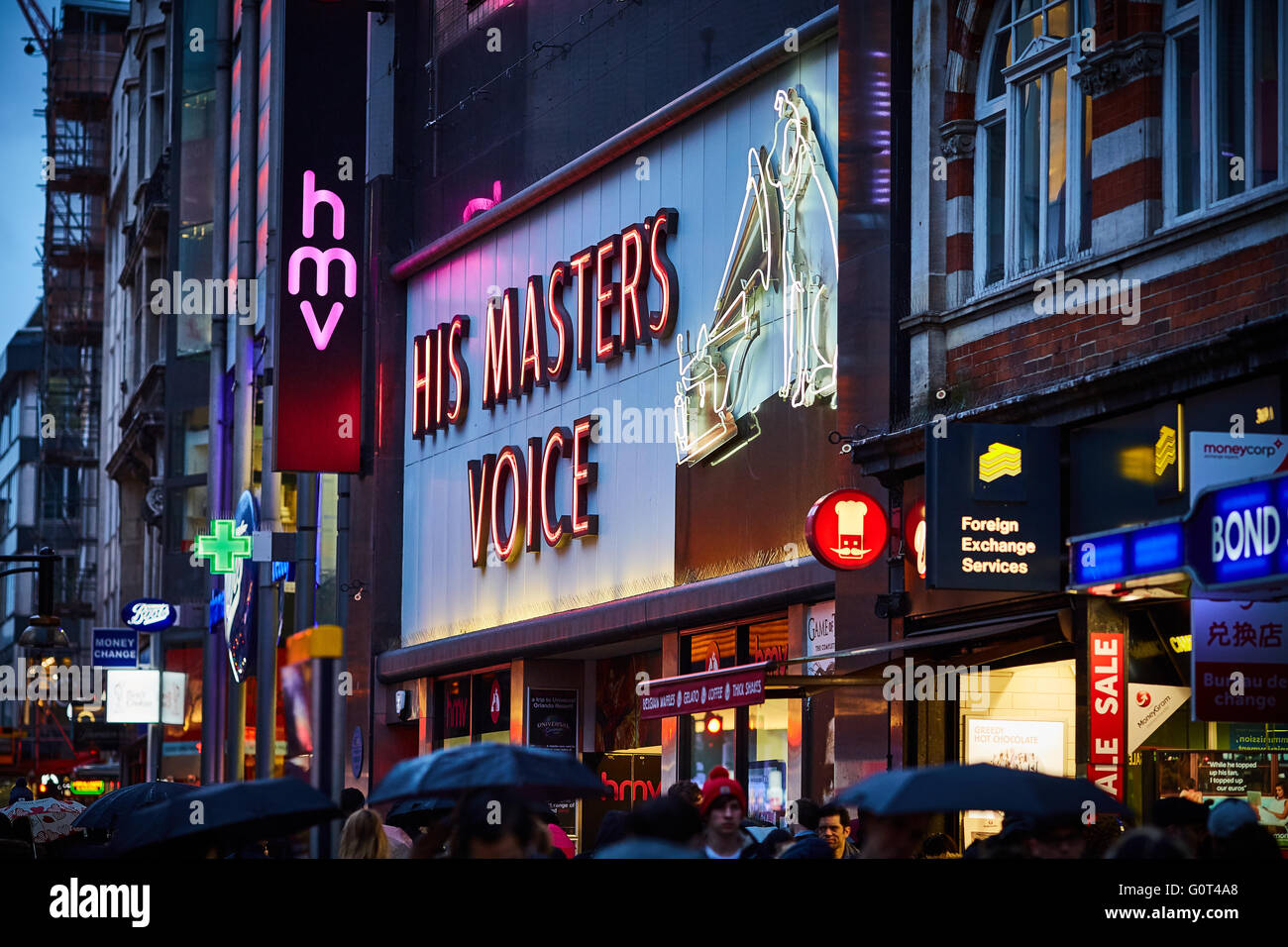 Oxford Street london HMV store His Masters Voice neon sign exterior record shop flagship records