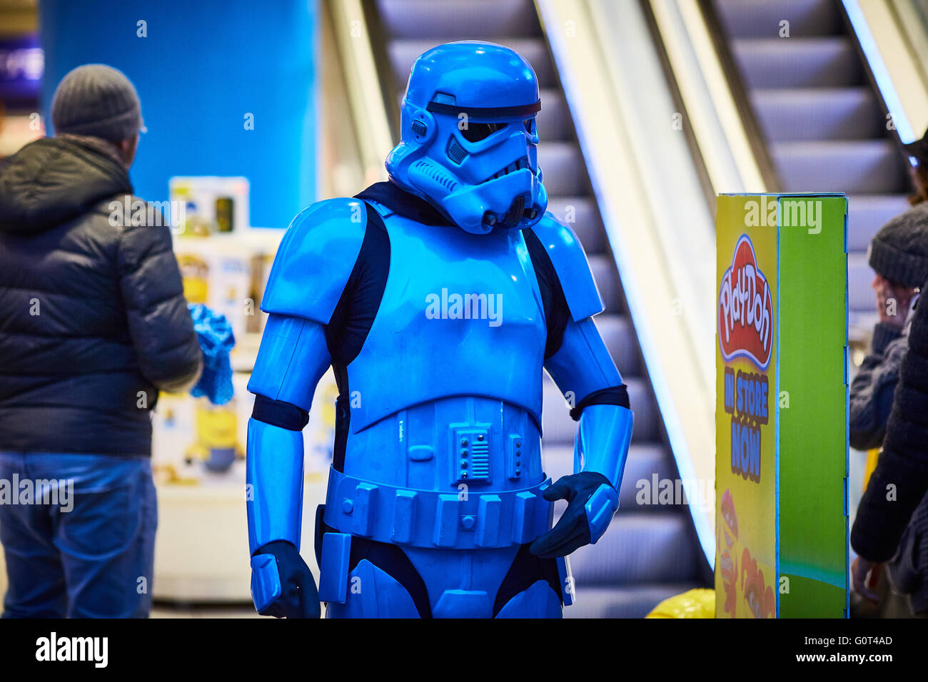 Oxford Street london blue Star Wars caricature fancy dress uniform stormtrooper The Toy Shop door greeter promotion Stock Photo Alamy