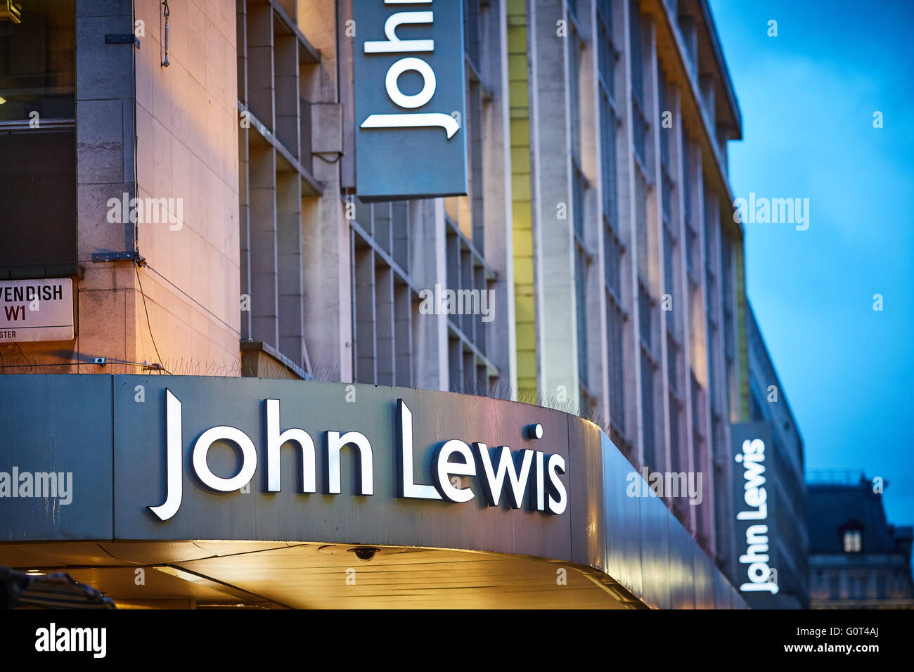 Oxford Street london John Lewsi flagship store exterior signs department store partnership Stock Photo
