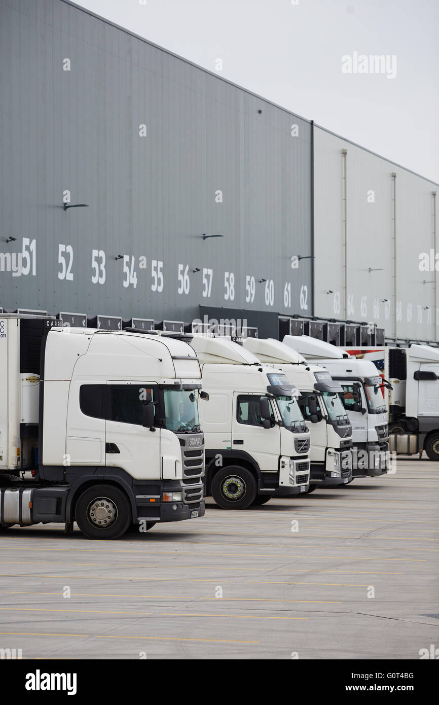 Aldi Bolton Distradution centre exterior loading bays with trucks Stock Photo