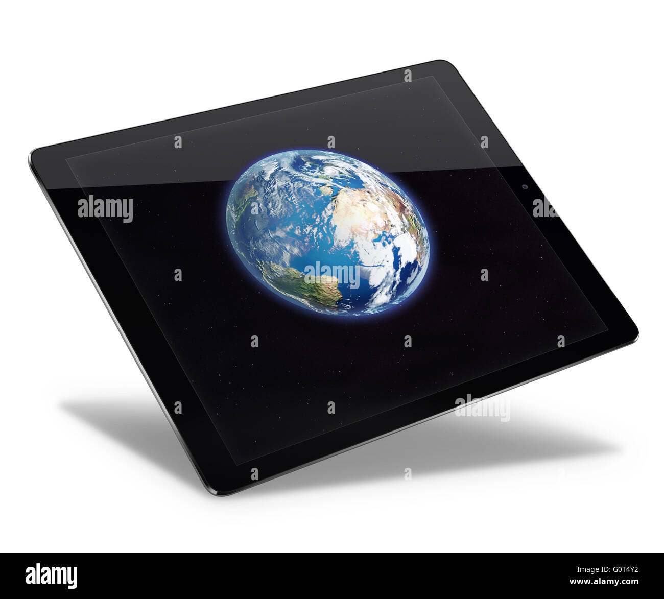 Realistic tablet pc computer with Earth from space on screen isolated on white background. 3D illustration. Elements of this ima Stock Photo