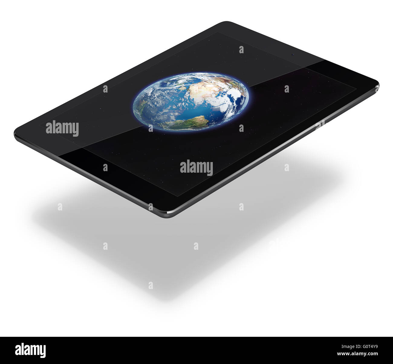 Realistic tablet pc computer with Earth from space on screen isolated on white background. 3D illustration. Elements of this ima Stock Photo