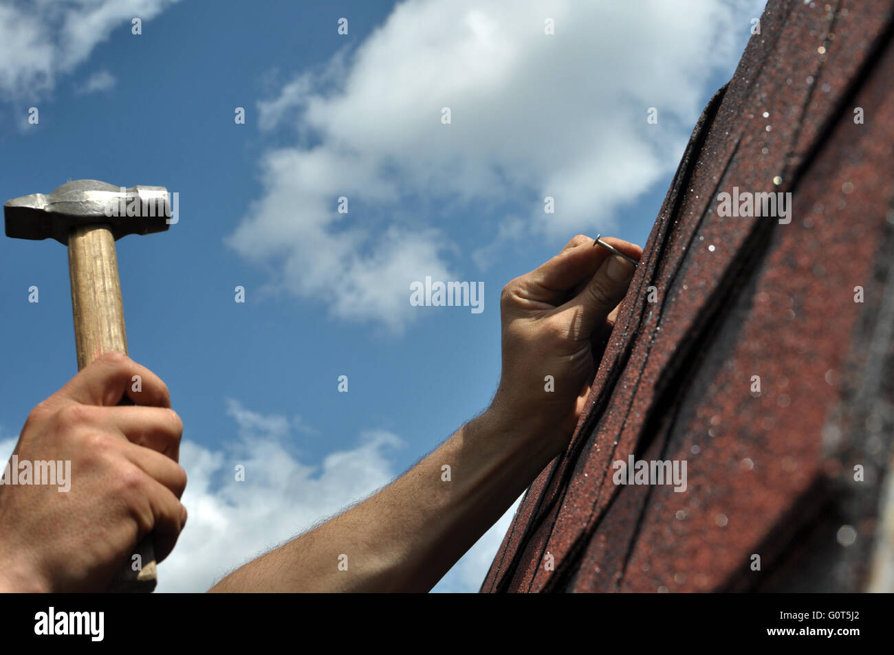 Hand with a hammer to drive a nail Stock Photo Alamy