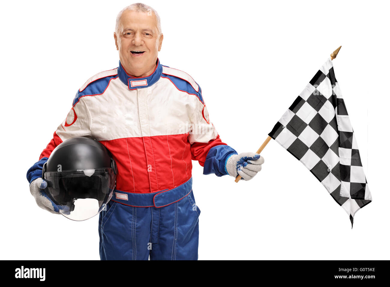 Mature man in a racing uniform holding a checkered race flag isolated ...