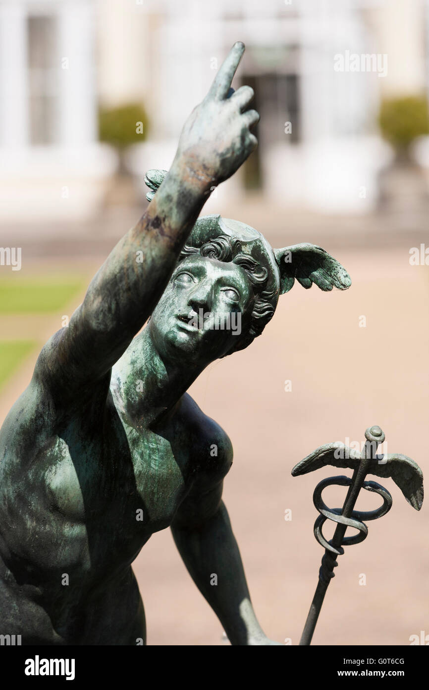 Statue of winged Mercury and Syon House Great Conservatory glass dome