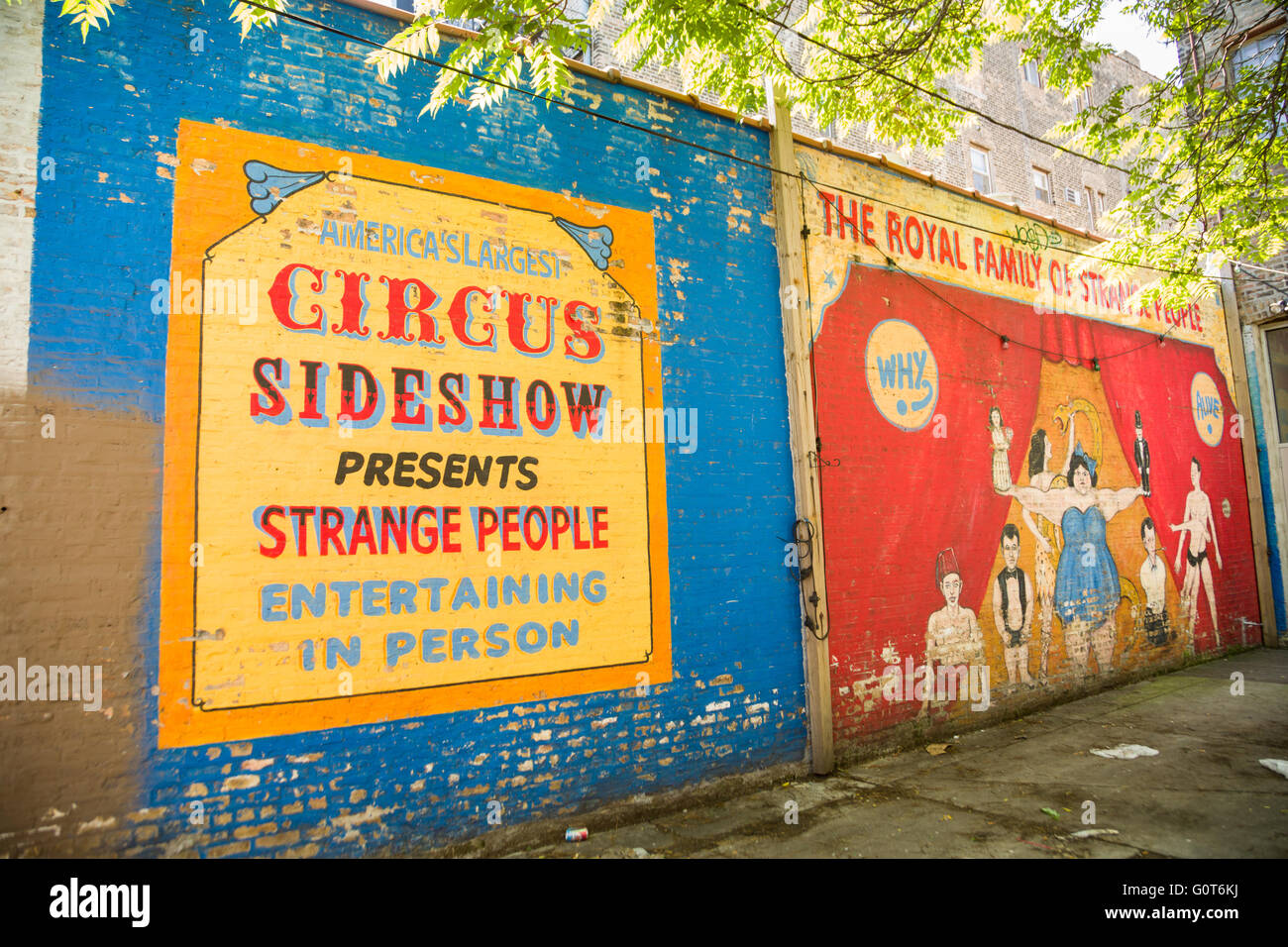 Circus sideshow Strange People street murals on a wall in the trendy Wicker Park neighborhood in the West Town community in Chicago, Illinois, USA Stock Photo