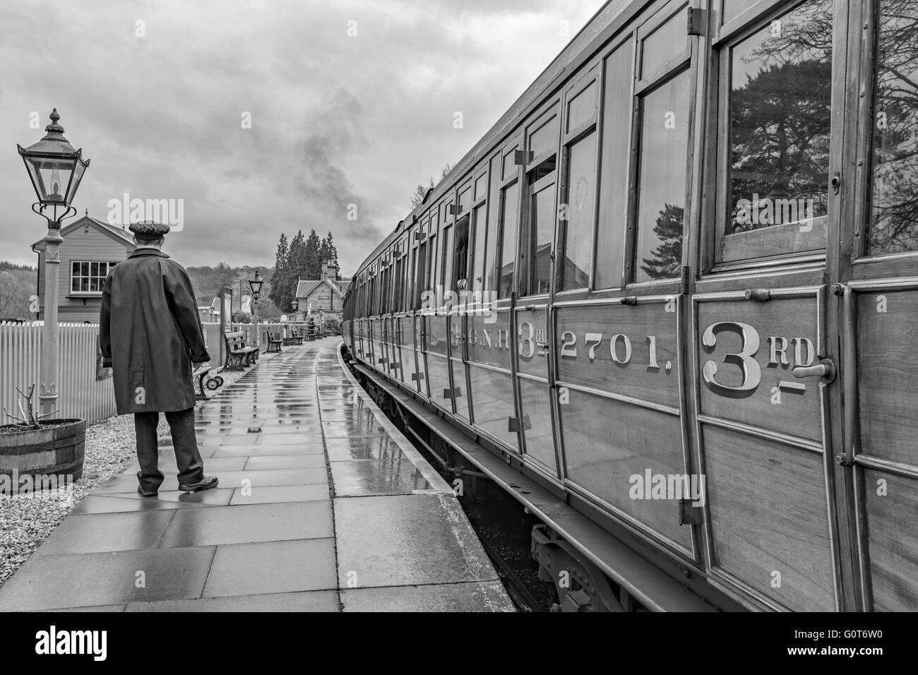 Arley train Station on the Severn Valley Railway in monochrome, Worcestershire, England, UK Stock Photo