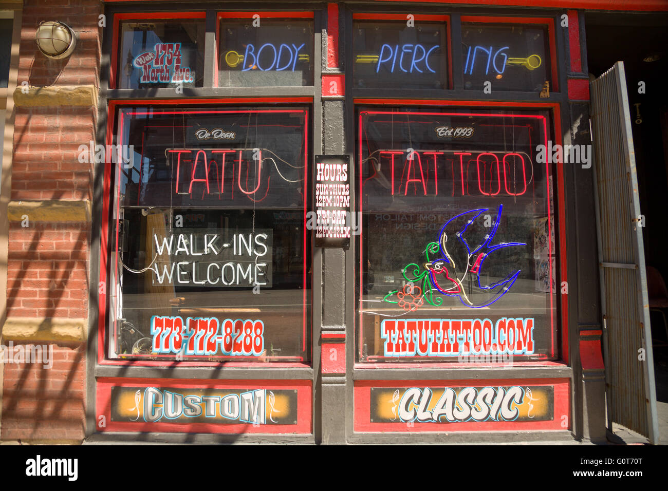 Tatu Tattoo shop in the trendy Wicker Park neighborhood in the West Town community in Chicago, Illinois, USA Stock Photo