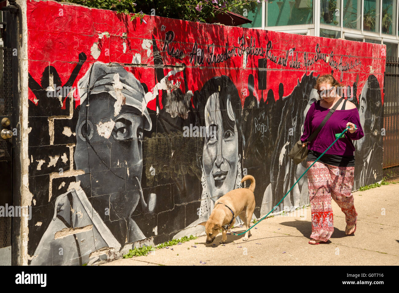 A woman walks her dog past the Subcomandante Marcos and Benazir Bhutto Rise All Freedom Fighters street mural on a wall in the trendy Wicker Park neighborhood in the West Town community in Chicago, Illinois, USA Stock Photo