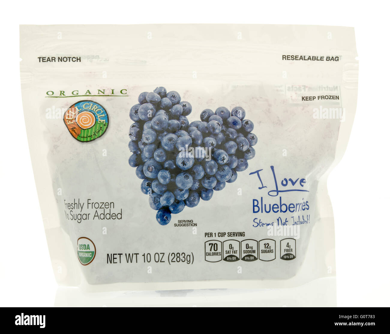 Winneconne, WI - 5 May 2016: Bag of organic blueberries from Full Circle on an isolated background Stock Photo