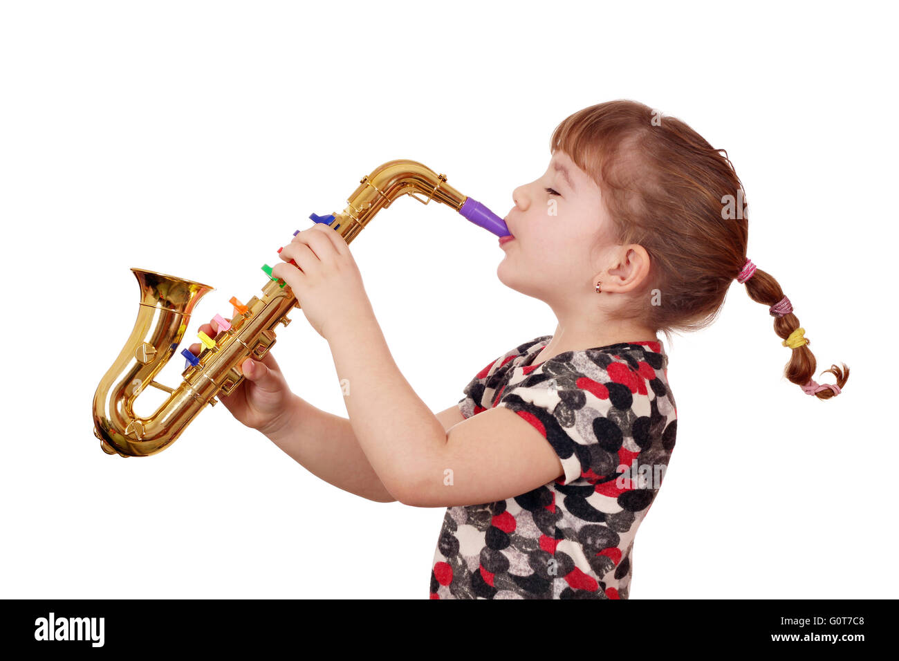 An Adorable Preschooler Playing A Toy Saxophone In A Sparkly Black Fedora  And Balck Leather Vest And Pants. On A White Background. Stock Photo,  Picture and Royalty Free Image. Image 16366730.