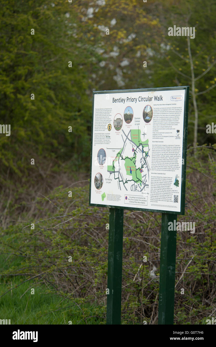 A map at the entrance to Bentley Priory Nature reserve in Stanmore Stock Photo