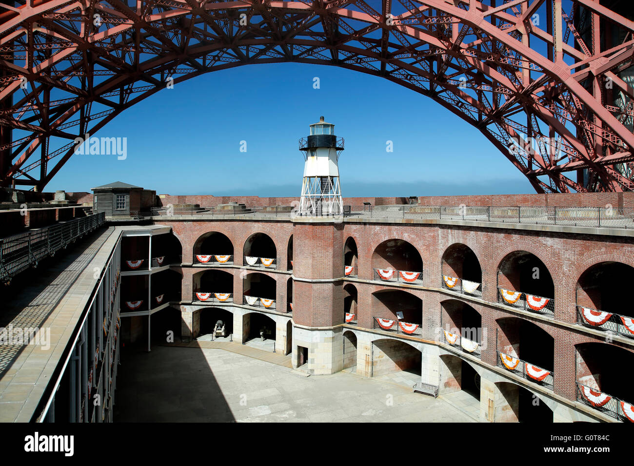 Golden Gate Bridge span arcing over lighthouse, Fort Point National