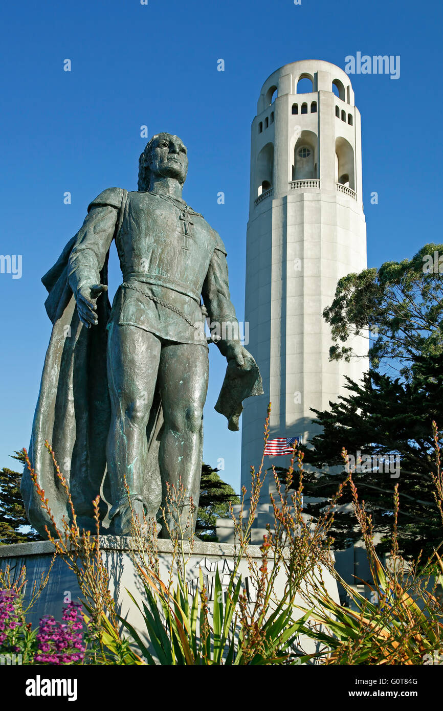 Statue of Christopher Columbus and Coit Tower, San Francisco, California USA Stock Photo