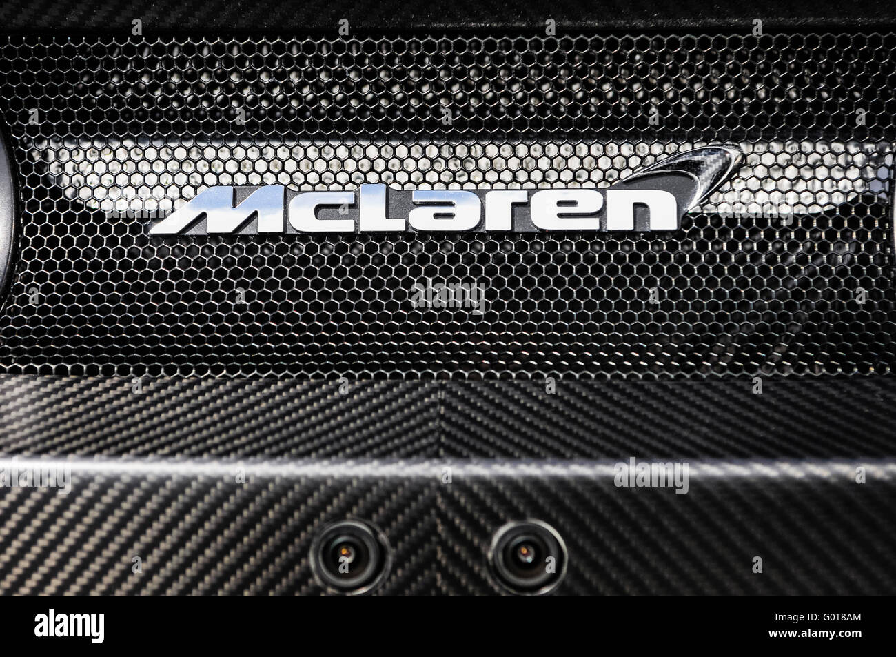 McLaren badge on the rear of a 675LT Stock Photo